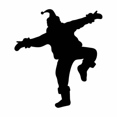 Neşeli, dans eden bir Noel Baba silueti, Noel ve yeni yıl tasarımları için mükemmel. Bu vektör çizimi tatil kartları, afişler ve web sitesi dekorasyonları için idealdir. Siyah ve beyaz siluet şeffaf bir arkaplan üzerinde izole edilir