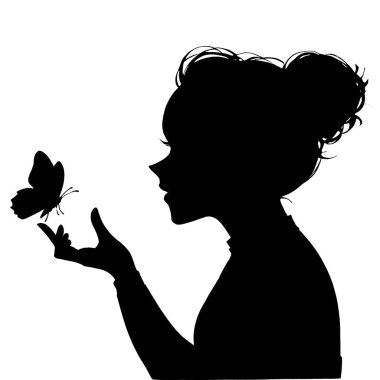 Kelebeği parmak vektör siluetiyle tutan bir kadın, saf siyah beyaz arka planla doludur (13).)