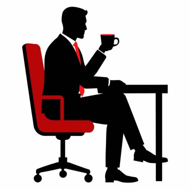 Bir iş adamı, modern ofisinde kırmızı bir sandalyede dinlenmek için kahve molası verir. Masasında oturuyor, işe devam etmeden önce şarj olmak için biraz dinleniyor. Görüntü, başarı, liderlik ve iş-yaşam dengesinin sağlanması temalarını iletir..