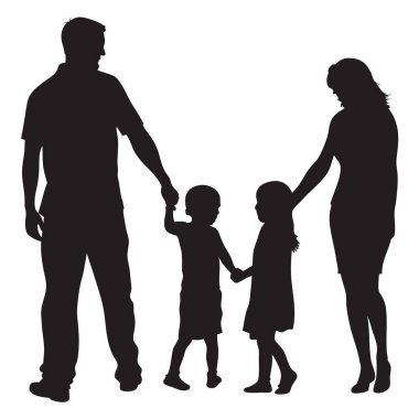 Dört kişilik aile. siyah ve beyaz vektör çizimi