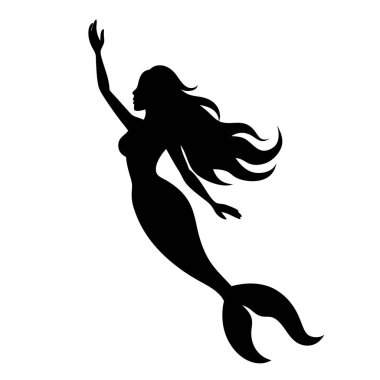 Zarif bir denizkızının okyanusta yüzüşünün zarif siyah beyaz vektör silueti. Fantezi sanatı, grafik tasarımı ya da peri masalı temaları için mükemmel. Bu izole resimde bea 'yı sembolize eden, dalgalı saçlı, stilize edilmiş mistik bir yaratık var.