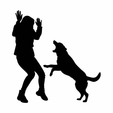 Köpeği olan bir kadının vektör silueti.