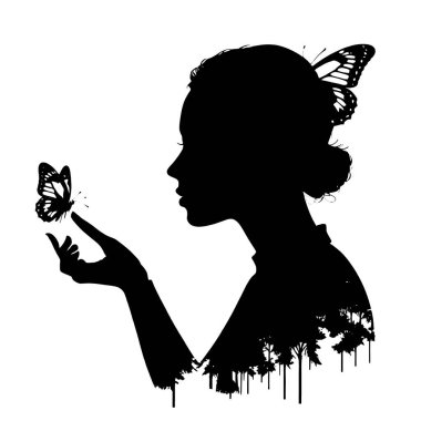 Kelebeği parmak vektör siluetiyle tutan bir kadın, saf siyah, izole edilmiş beyaz arka planla doludur (7).)