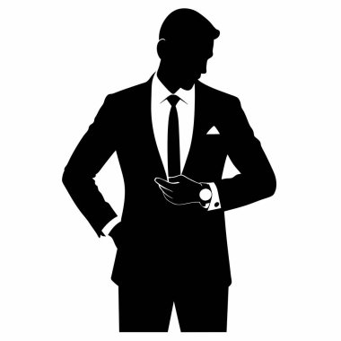 Keskin giyimli bir adamın silueti, güç ve güven yayıyor. Kurumsal markalaşma, iş sunumları ya da başarı ve liderlik için mükemmel. Yüksek kalite vektör grafiği, çok yönlü kullanım için siyah beyaz olarak kullanılabilir. İdeal