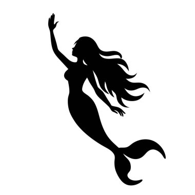 Zarif bir denizkızı silueti, uzun saçları gökyüzüne doğru uzanıyor. Bu zarif, siyah ve beyaz vektör çizimi fantezi, peri masalı ve deniz temalı tasarımlar için mükemmeldir. Web siteleri, baskılar ve daha fazlası için ideal. Henüz basit.