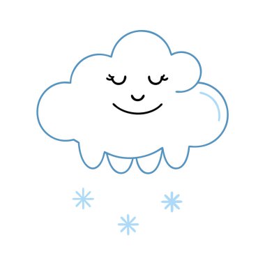 Neşeli bir çizgi film bulutu, gülümseyen ve neşeyle kar yağan, kış temalı tasarımlar için mükemmel. Bu sevimli, pastel renkli çizim basit bir çizgi sanatı içerir ve çocuk ürünleri, web siteleri ve bayram kutlamaları için idealdir. Kawaii tarzı. 