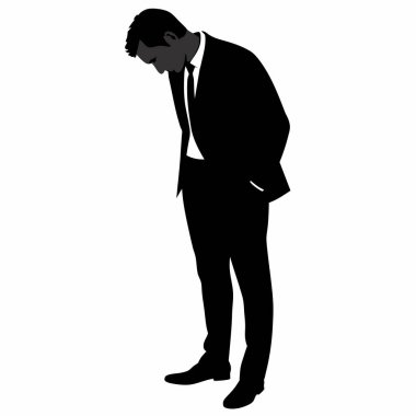 Kafası eğik, düşünce, stres ya da üzüntü ileten bir iş adamının monokrom vektör çizimi. İş baskısının, endişenin ya da karar verme zorluğunun temaları için mükemmel bir örnek. Beyaz bir köyde izole edilmiş.