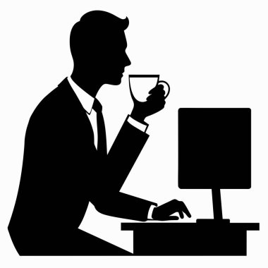 Bilgisayar masasında kahve molası veren bir iş adamının silueti. Çalışma temaları, verimlilik ve sabah rutinini resmetmek için mükemmel. Temiz, basit vektör grafiği, sunumlar, web siteleri veya pazarlama materyalleri için ideal