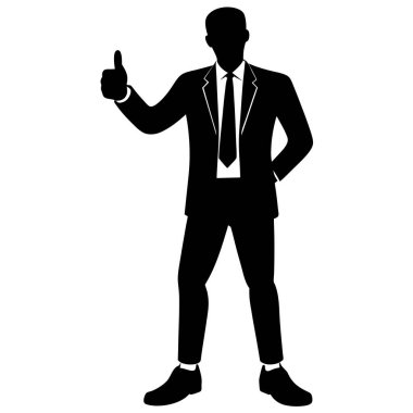 Bir iş adamının güçlü bir silueti, başarıyı, onayı ve iş dünyasındaki olumlu başarıyı simgeleyen olumlu bir jest yapıyor. Anlaşma yapma, kurumsal başarı ve olumlu geri bildirim kavramları için mükemmel. Yüksek kaliteli vektör illüstrasyonu,