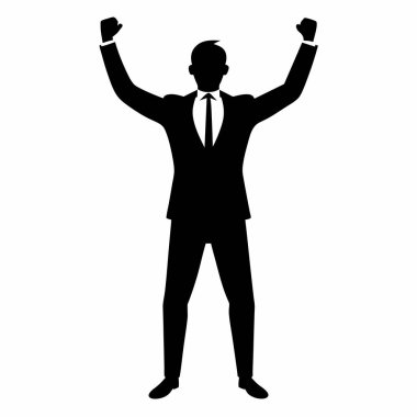 Başarının kutlaması için kollarını kaldıran güçlü bir iş adamı silueti. Bu minimalist, vektör grafik iş dünyasındaki başarıyı, hırsı ve liderliği simgeliyor. Şirket sunumları, web siteleri veya pazarlama materyalleri için mükemmel.