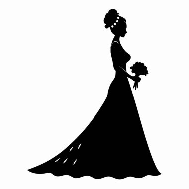 Gelin ve damat, düğün vektörü çizimi, beyaz arkaplanda siluet