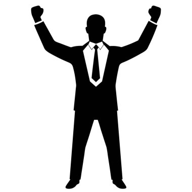 Başarılı bir iş adamının silueti başarıyı kutluyor. Başarı, liderlik ve kurumsal zafer kavramları için mükemmel. Temiz, basit tasarım sunumlar, web siteleri ve pazarlama malzemeleri için idealdir. İzole edilmiş yüksek çözünürlüklü resim