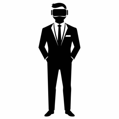VR kulaklık takan modern bir işadamı, yeniliği ve işin geleceğini sembolize ediyor. Görüntü temiz, minimalist ve siyah beyaz estetik kullanıyor. Teknoloji, sanal gerçeklik odaklı sunumlar, makaleler veya web siteleri için idealdir