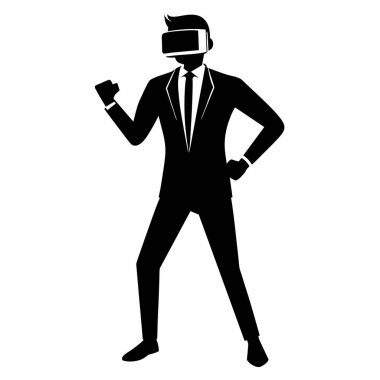 Kendine güvenen, VR kulaklıklı bir iş adamı, güçlü bir vektör silueti çizimi. Müstakbel iş liderliğini, yeniliği ve metaevrendeki teknolojik ilerlemeyi temsil ediyor. Başarı, hırs ve dijital transferle ilgili kavramlar için ideal