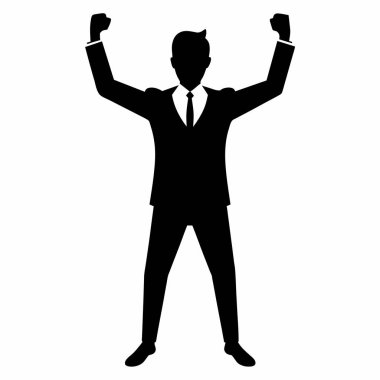 Başarılı bir iş adamının silueti başarıyı kutluyor. Başarı, liderlik ve iş dünyasındaki zafer kavramlarını göstermek için mükemmel. Yüksek kaliteli vektör illüstrasyonu, kurumsal sunumlar, web siteleri ve pazarlama materyalleri için ideal