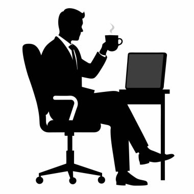 Odaklanmış bir iş adamı, ofis sandalyesinden laptopuyla çalışırken kahve molası verir. Monokrom vektör illüstrasyonu, modern atölyede üretkenlik ve başarı temalarını gösteren, sessiz bir konsantrasyon anında bir profesyoneli tasvir eder.
