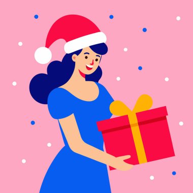 Elinde bir hediyeyle mutlu noel kızı. Düz biçimdeki vektör illüstrasyonu