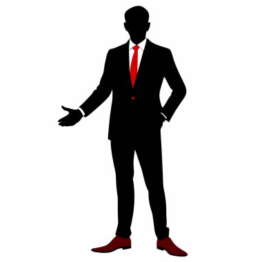 Kırmızı kravat ve takım elbise giymiş kendine güvenen bir işadamı silueti, hoş geldin elini uzatıyor. İş kavramları, başarı, liderlik ve kurumsal toplantılar için mükemmel. Beyaz arkaplan üzerinde izole vektör illüstrasyonu, pres için ideal