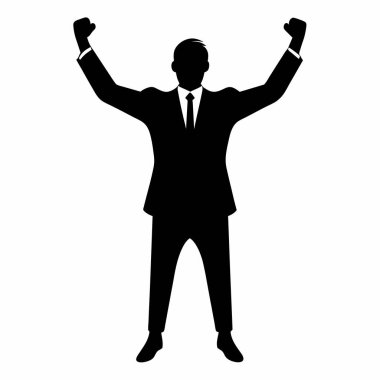 Başarılı bir iş adamının silueti başarıyı kutluyor. İş, şirket ve liderlik temaları için mükemmel bir minimalist vektör illüstrasyonu. Sunumlar, web siteleri ve pazarlama malzemeleri için ideal. Temiz, basit tasarım gücü iletir ve...