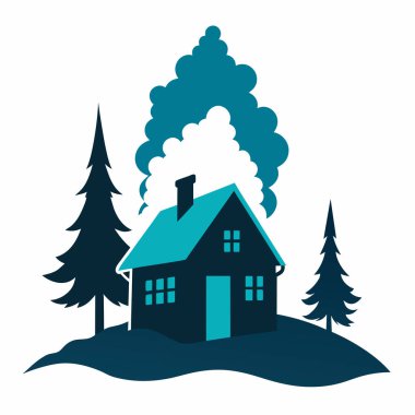 Karda ağaçlar olan ev. Kış manzarası. vektör illüstrasyonu