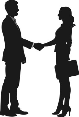 İş adamı ve iş kadınının, başarılı bir iş anlaşmasını, ortaklığı, anlaşmayı ya da sözleşmeyi sembolize eden basit, minimalist, siyah beyaz bir çizimi. Şirket sunumları, web siteleri ve pazarlama materyalleri için mükemmel.