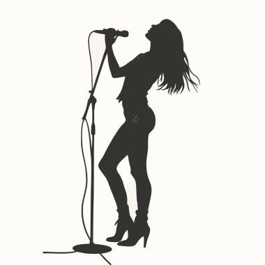 Beyaz arka planda mikrofonu olan bir kızın vektör silueti.