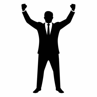 Büyük bir zaferi kutlayan güçlü bir iş adamı silueti. Bu görüntü, iş hayatında başarı, hırs ve başarıyı simgeliyor. Liderlik, zafer ve kariyer hedeflerine ulaşma kavramlarını göstermek için mükemmel. Temiz, minimalist stil,
