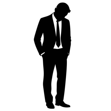 Düşünceli bir iş adamının çarpıcı silueti, elleri ceplerinde, temiz beyaz bir arkaplanda duruyor. İş stratejisi, liderlik, tefekkür ya da kurumsal başarı ile ilgili kavramlar için mükemmel. Yüksek çözünürlüklü vektör grafiği 