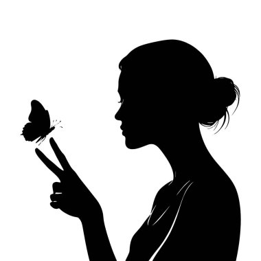 Kelebeği parmak vektör siluetiyle tutan bir kadın, saf siyah, izole edilmiş beyaz arka planla doludur (3).)