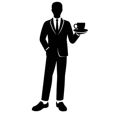 Resmi olarak tepside kahve servisi yapan bir iş adamının zarif siluet simgesi. Konukseverlik, restoran, otel ya da iş konseptleri için mükemmel. Siyah-beyaz basit, minimalist tasarım, web siteleri, sunumlar ve markalaşma için ideal. Vektör III