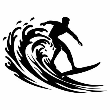 Güçlü bir okyanus dalgasında sörf yapan dinamik bir siluet. Aksiyon odaklı, yaz hissi isteyen tasarımlar için mükemmel. Grafik tasarımı, web siteleri ve baskı materyalleri için yüksek kontrastlı tek renkli resim ideal. Özgürlük ve macera temalarını çağrıştırıyor,