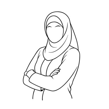 Kendine güvenen, tesettürlü, kollarını kavuşturmuş Müslüman bir kadının zarif bir portresi. Basit, profesyonel vektör illüstrasyonu, iş için mükemmel, web sitesi tasarımı, ya da güçlendirmeyi ve inancı temsil ediyor. Siyah ve beyaz, saydam bir arka planda izole edilmiş.