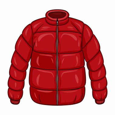 Şık kırmızı kabarık ceket, kış için mükemmel. Sıcak, rahat ve modaya uygun bir giysi. Örtülü, yalıtılmış, fermuarlı ve kollu bir ceketin vektör çizimi. Moda, giyim ve giysi tasarımları için ideal. Konforlu kış giysisi grafiği.