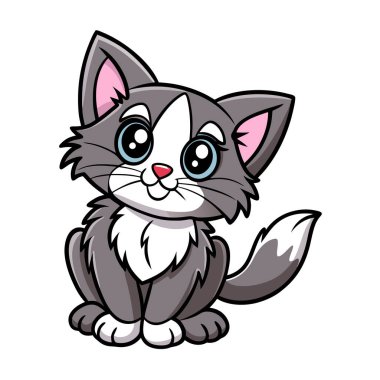 Beyaz arka planda izole edilmiş şirin gri kedi yavrusu oturuyor. Çocuk kitapları, evcil hayvan siteleri, tebrik kartları ve daha fazlası için mükemmel. Bu oynak, pofuduk kedi resimlerinde büyük gözler ve dostça bir ifade var. Yüksek kaliteli vektör grafiği