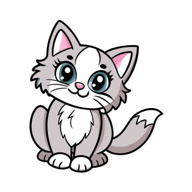 Büyük, anlamlı gözleri olan sevimli gri kedi yavrusunun büyüleyici çizgi film çizimi. Çocuk kitapları, web siteleri, tebrik kartları ya da sevimli, oyuncu bir maskota ihtiyaç duyan her proje için mükemmel. Yumuşak kürk, pembe burun ve tatlı bir ifade. Yüksek