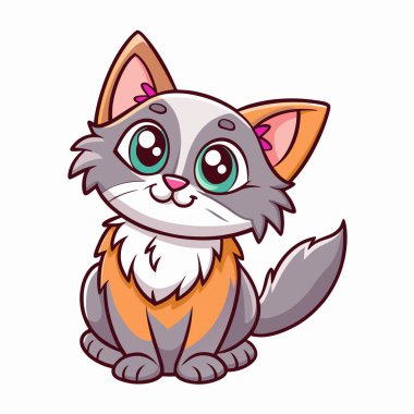 Gri ve turuncu kürklü sevimli kedi yavrusu, büyük gözleri ve neşeli bir ifadesi var. Çocuk kitapları, web siteleri ya da sevimli, dost canlısı bir maskota ihtiyaç duyan her proje için mükemmel. Yüksek kaliteli vektör çizimi, kalite kaybı olmadan kolayca ölçeklenebilir. 
