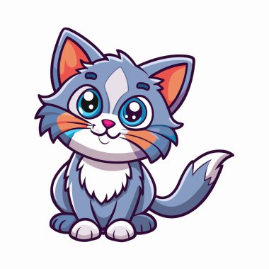 Sevimli çizgi film kedisi, çocuk kitapları, web siteleri ve markalaşma için mükemmel. Oyuncu pozu, büyük mavi gözleri ve tüylü gri kürkü var. Yüksek çözünürlüklü vektör çizimi, çeşitli projeler için kolayca ölçeklenebilir. Çekici ve kaprisli bir tasarım. Fikir.