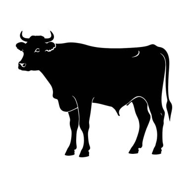 Ayakta duran bir boğanın güçlü siyah silueti, tarım, çiftlik hayvanları veya çiftlik temalı tasarımlar için mükemmel. Beyaz arka planda izole edilmiş bu vektör grafiği logolar, çizimler ve markalaşma için idealdir. Yazdırma ve w için uygun yüksek kaliteli resim