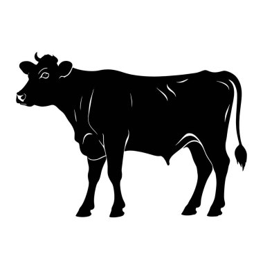 Ayakta duran bir ineğin güçlü, görkemli siyah silueti, tarım, kırsal ya da tarım temalı tasarımlar için mükemmel. Bu vektör çizimi, logolar, web siteleri veya yazıcı materyalleri için ideal bir tasarım unsuru olarak beyaz bir arkaplan üzerinde izole edilmiştir. Yüksek Qu