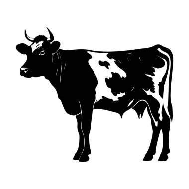Zarif siyah beyaz bir inek silueti, tarım, süt ürünleri ya da hayvan markası için mükemmel. Basit, klasik bir çiftlik hayvanı grafiği gerektiren web siteleri, logolar ve baskı tasarımları için ideal. Yüksek çözünürlüklü vektör çizimi, kolayca ölçeklenebilir bir