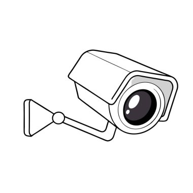 Güvenlik kamerası gözetleme sistemi ikonunun minimalist siyah beyaz vektör çizimi. Web siteleri, uygulamalar, sunumlar ya da basit, temiz bir güvenlik grafiğine ihtiyaç duyan her proje için mükemmel. Bu yalıtılmış bölümde tek bir kamera var.