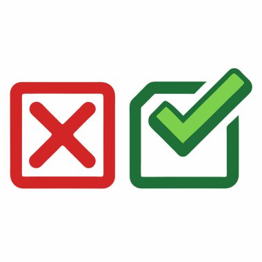 Yeşil onay işareti ve kırmızı haçı tasvir eden basit vektör simgeleri, doğru / yanlış seçenekleri, onaylama / onaylama, doğru / yanlış, evet / hayır seçenekleri. Karar vermek için net görsel ipuçlarına ihtiyaç duyan web siteleri, sunumlar ve kullanıcı arayüzleri için ideal