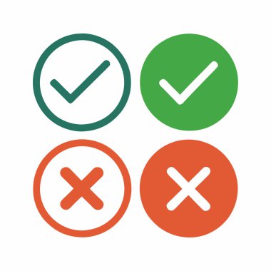 Yeşil kontrol işaretleri ve kırmızı haçları gösteren bir dizi düz vektör simgesi. UI tasarımı, web siteleri veya sunumlarda doğru / yanlış seçenekleri, onay / ret seçeneklerini veya evet / hayır seçeneklerini göstermek için mükemmel. Bu asgari grafik elementler kolay