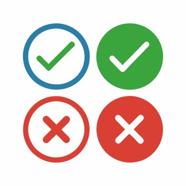 Çeşitli renklerde (yeşil, kırmızı, mavi, beyaz) kontrol işaretleri ve haçları gösteren bir dizi basit, düz vektör simgesi. Web tasarımı, UI / UX, sunumlar ve seçim, onay ya da anket sonuçları için mükemmel. Çember ve kare düğmesini içerir 