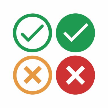 Basit, düz vektör simgeleri yeşil işaretli ve kırmızı X işaretli seçim, karar, onay ya da red işaretli. UI / UX tasarımı, arayüzler ve doğru / yanlış, evet / hayır veya sağ / wro 'nun net görsel göstergelerine ihtiyaç duyan sunumlar için ideal