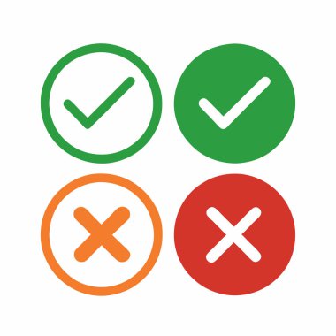 Basit yeşil kontrol işareti ve kırmızı X simgeleri, kullanıcı arayüzü tasarımı, web grafikleri veya sunumlar için ideal doğru ve yanlış seçenekleri temsil eder. Temiz, düz stil. Doğru / yanlış, evet / hayır ya da onay / ret için mükemmel. Yüksek çözünürlüklü im