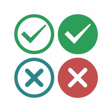 Basit bir yeşil işaret ve kırmızı X işareti simgeleri, web tasarımı, uygulama arayüzleri ve sunumlar için mükemmel. Bu minimal düz simgeler yeşil, kırmızı ve deniz mavisi gibi çeşitli renk seçeneklerinde mevcuttur.