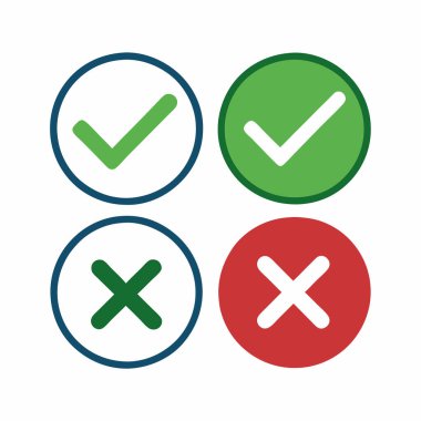 Yeşil işaretli ve kırmızı X işaretli simgeler seti, doğru / yanlış seçenekleri, onay / ret, evet / hayır kararlarını veya web sitesi tasarımı, uygulama arayüzleri ve sunumlarda doğru / yanlış seçimleri göstermek için mükemmeldir. Yüksek çözünürlüklü vektör grafikleri faydası