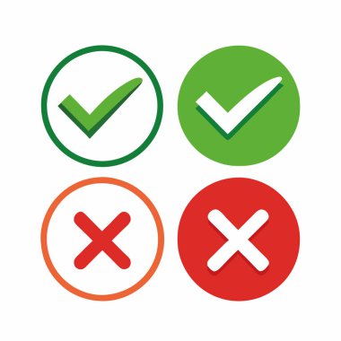 Yeşil işaret ve kırmızı X sembollerinin yüksek kalite vektör çizimi, genellikle doğru ve yanlış seçimleri temsil etmek için kullanılır. İnternet siteleri, uygulamalar ve başarı veya başarısızlık için net görsel göstergelere ihtiyaç duyan sunumlar için mükemmel. Çember bir içerir