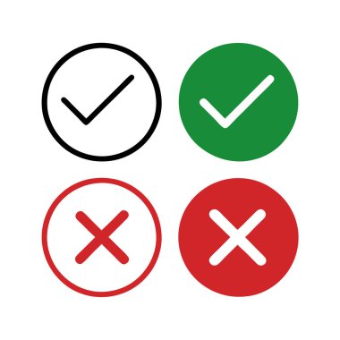 Yeşil, kırmızı, siyah ve beyaz dört basit işaret ve çapraz simge seti. Web sitesi tasarımı, kullanıcı arayüzleri ya da net onay / ret sembolleri gerektiren her proje için mükemmel. Gıcır gıcır, temiz görüntüler için yüksek çözünürlükte PNG. Değişime elverişli
